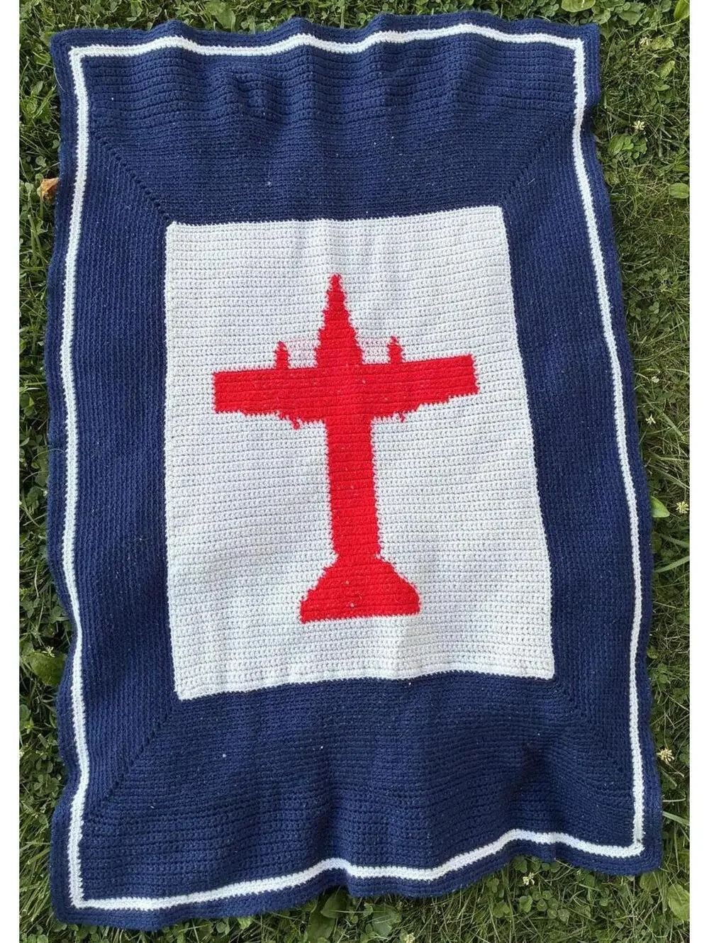 Handmade Crochet Red White Blue Throw Blanket 44L 30W War Plane Design USA 250